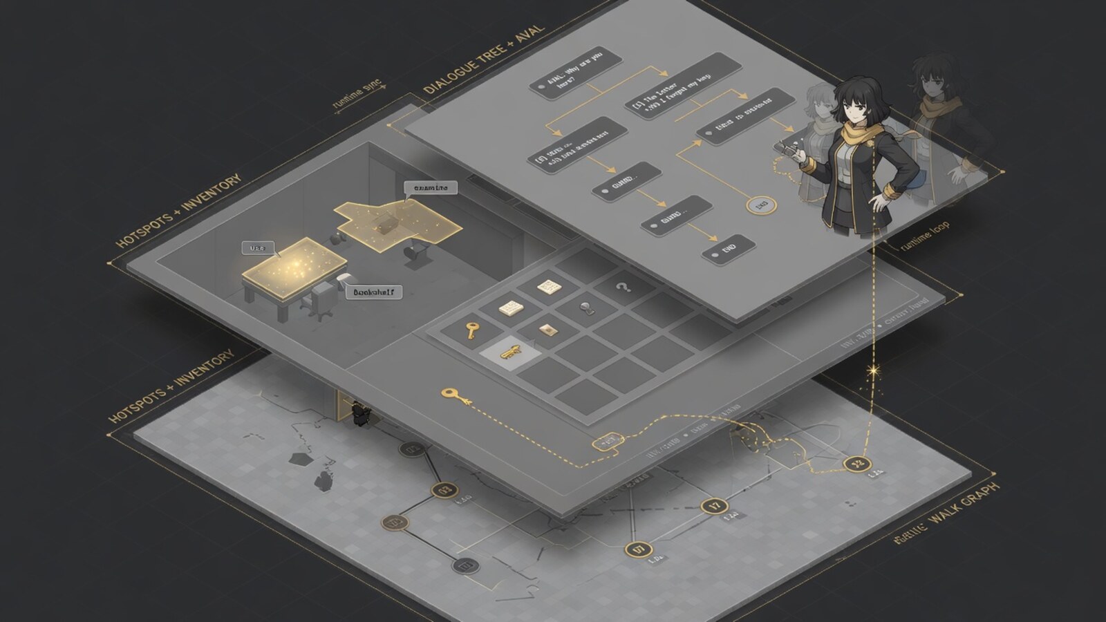 Isometric cutaway of Ariadne runtime layers: walk graph, hotspots, dialogue, AVAL character