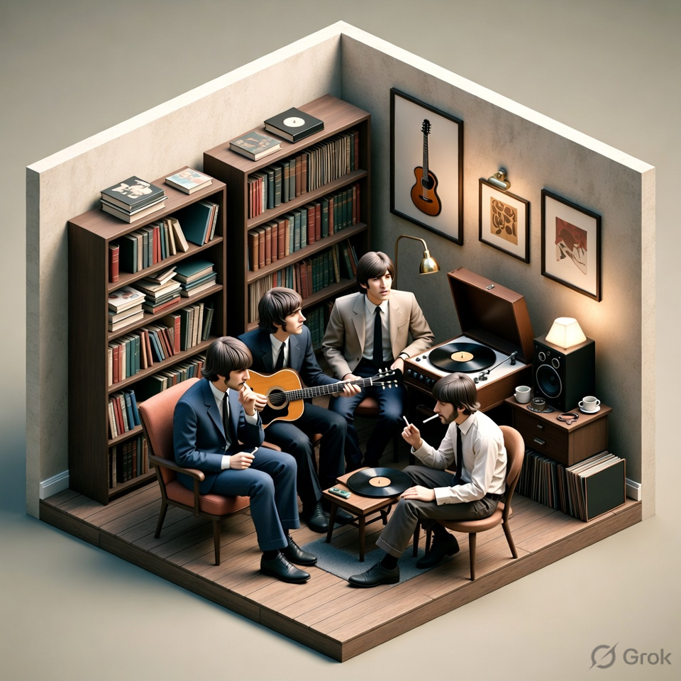 Beatles diorama — isometric 3D scene generated with Grok Imagine using the Scrya prompt pipeline