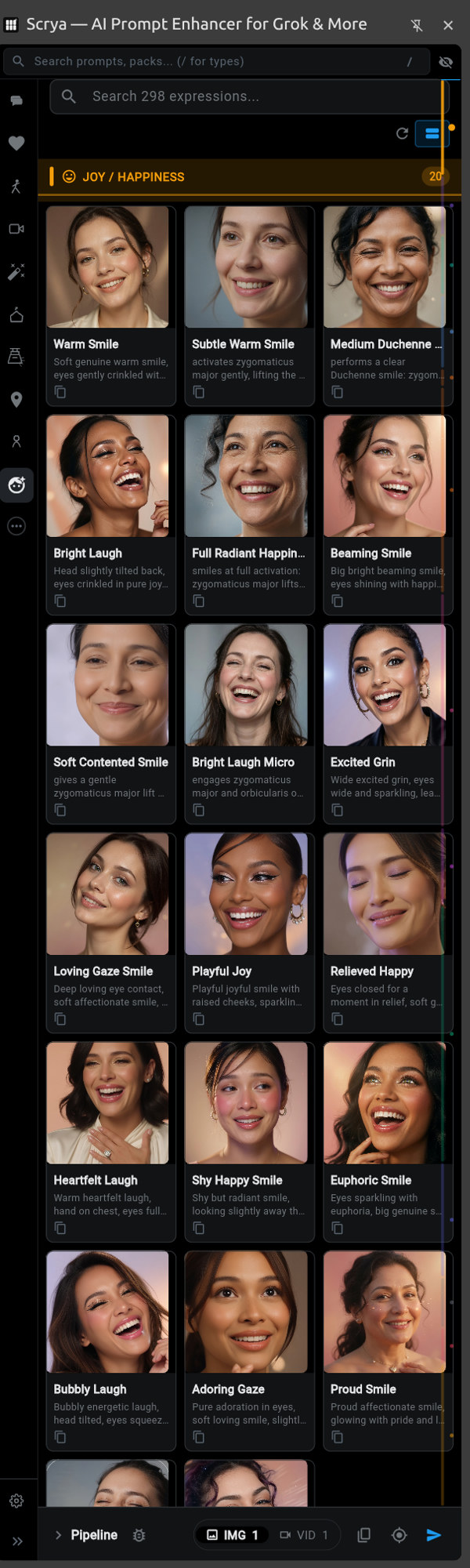 Scrya extension expressions pack — Joy/Happiness grid of micro-expression cards